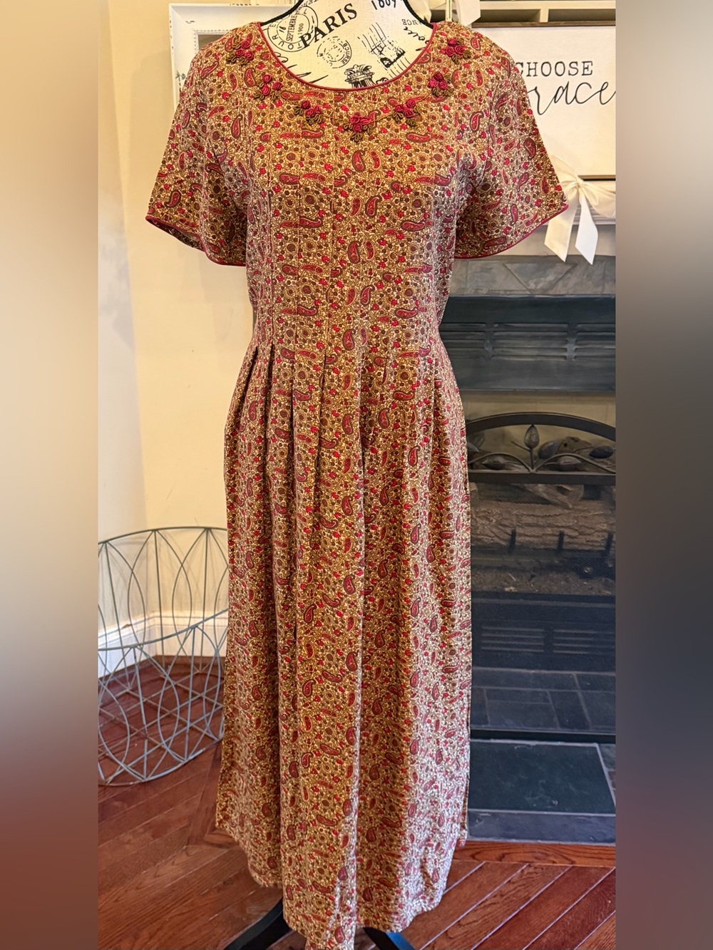 Vintage Sarah Elizabeth Paisley Rayon Maxi Dress Floral Ribbon Rosettes Fall 12P
